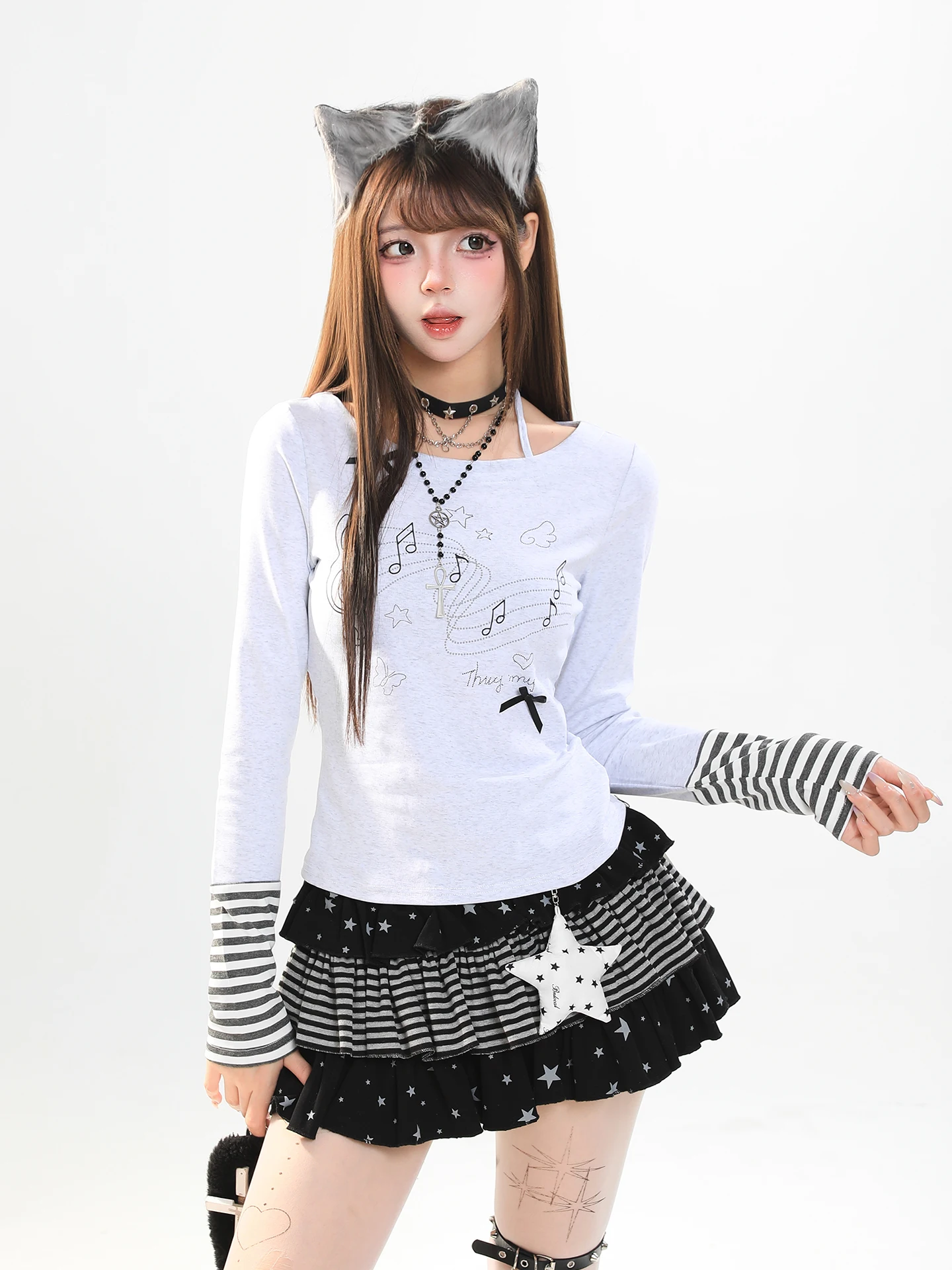 Sweet Cool Rock Girl Note Print Stripe Long Sleeve Women's Slim Fit round Neck Unique Beautiful Top Casual Style Knitted T-shirt