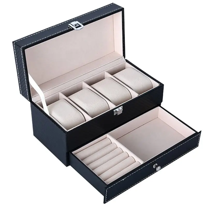 A95D-Multi-Purpose Jewelry Watch Box 4 Position Double-Layer Pu Leather Storage Box For Necklaces, Earrings Bracelets Rings