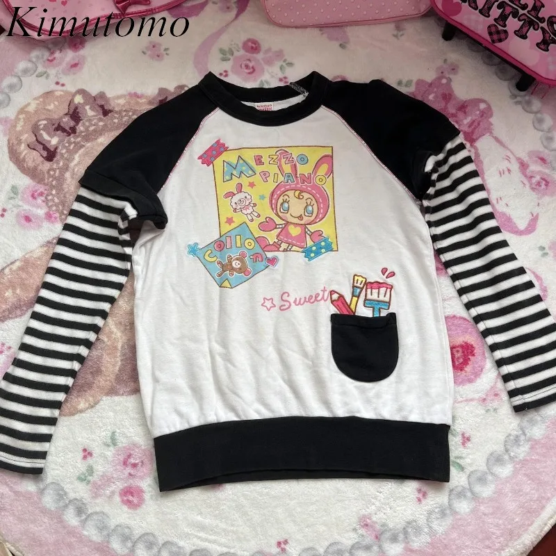 

Kimutomo T Shirts Women Vintage Cartoon Printed Graffiti Striped Patchwork Fake Two Piece Long Sleeve Y2k Harajuku Tops Female