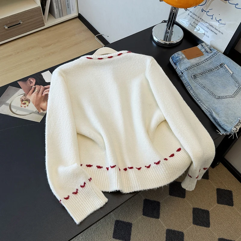Cárdigan de punto coreano con decoración de setas para mujer, suéter suave de manga larga con cuello redondo a la moda, Tops sueltos y suaves para mujer
