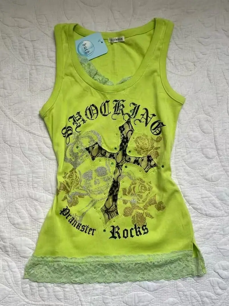 

Aesthetics T-shirt Cross Print Alternative clothing Y2k Slim Lace Sleeveless 90s Harajuku Streetwear Hot Girl O-Neck Fashion Emo