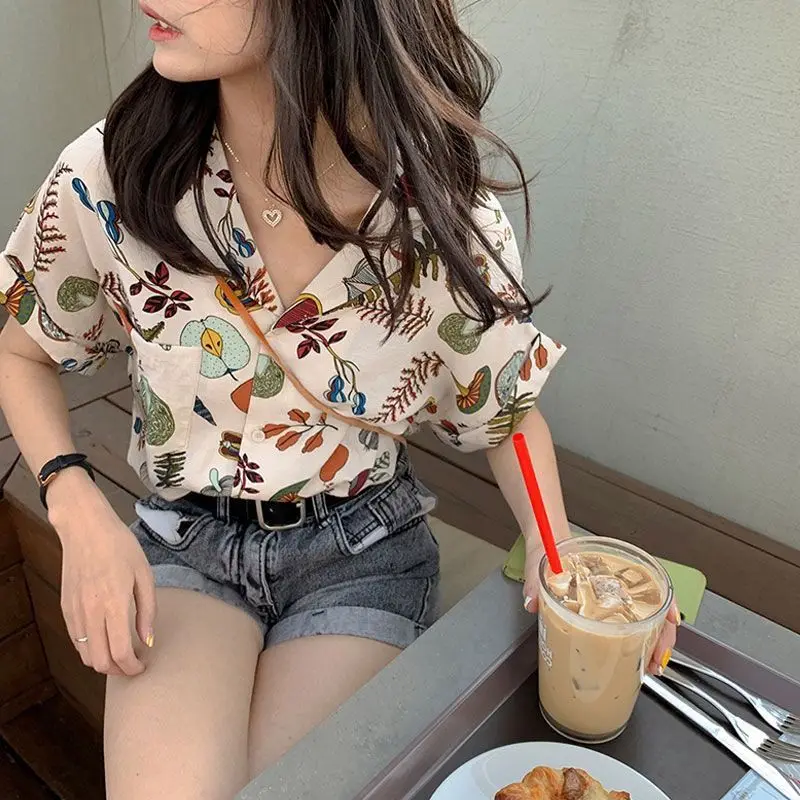 Women Summer Korean Loose Vintage Printing Chiffon Polo-Neck Short Sleeve Shirts Women Clothes Casual Vacation All-match Top Tee