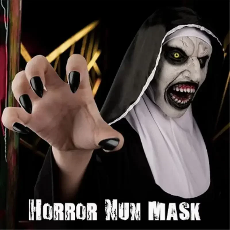 Scary Nun Latex Mask with Cross Necklace and Nun Headpiece Halloween Costume Party Masquerade Nun  Costume Accessories