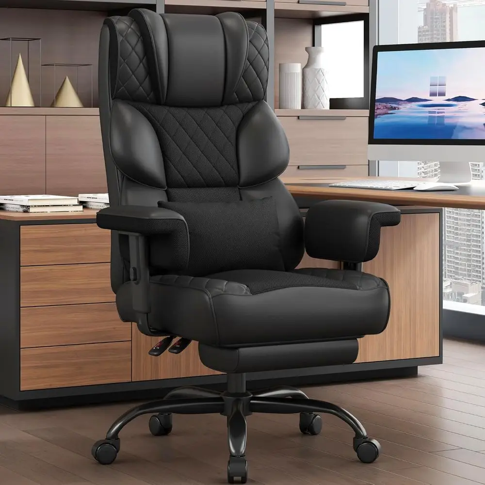 Ergonomic High-Back Gaming Chair with Adjustable Armrests and Lumbar Support, Executive Office Chair in Black PU Leather