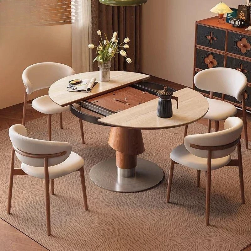 High-value telescopic dining table folding variable round table round travertine rock slab family solid wood high-end