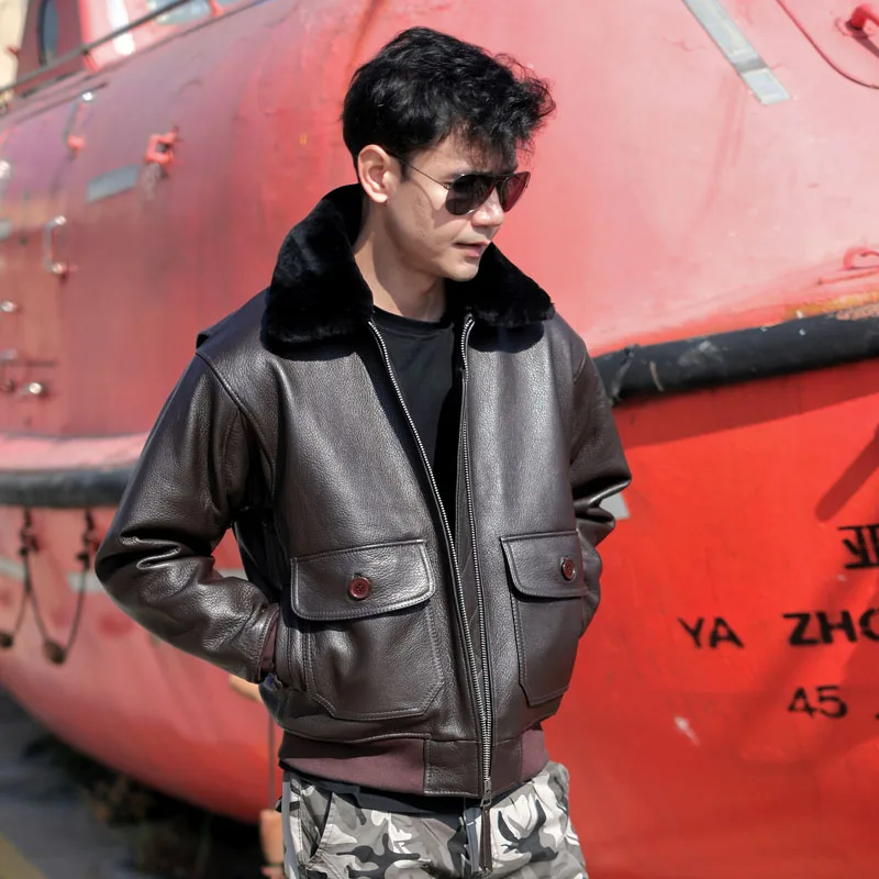 Dark Brown Winter Pilot Leather Jacket Men Military Style Europe Size Genuine Natural Thick Cowhide G1 Flight Leather Coat