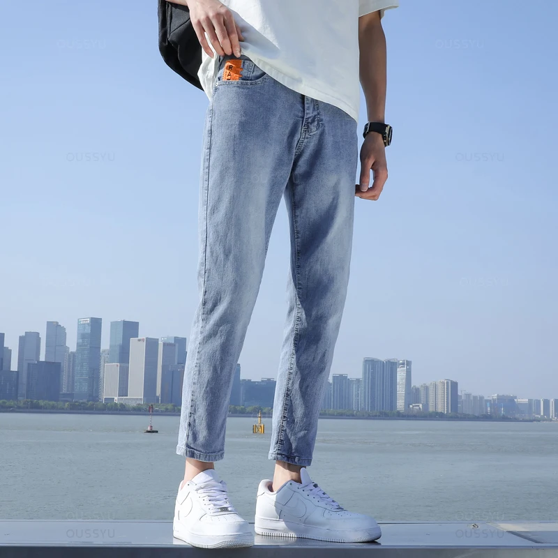 2024 New Men\'s Stretch Ankle Length Jeans Light blue Fashion Casual Cotton Slim Fit Denim Pants Korean Trousers Male Brand Cloth