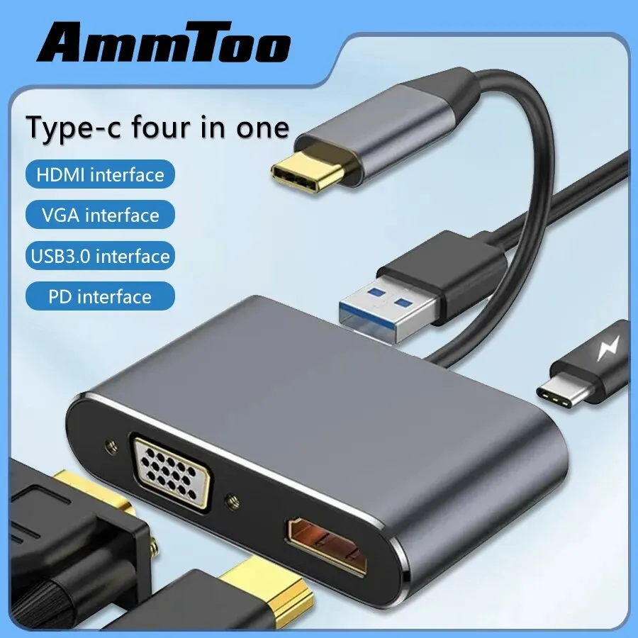 USB C Hub 4 in 1 Type C 3.0 Adapter to 4K HDMI VGA PD Fast Charge Splitter Docking Station Hub for Phone MacBook Laptop Computer