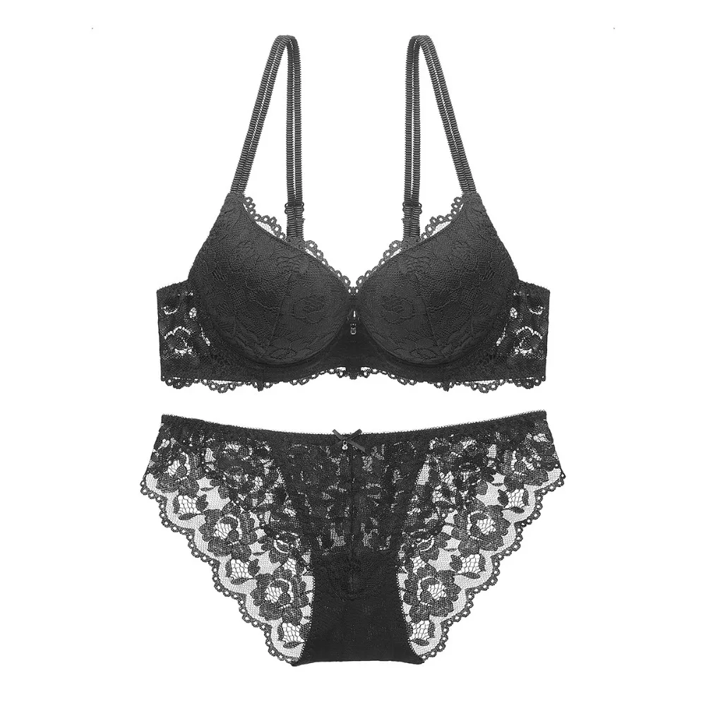

Comfortable Mesh Lace Flower Bra Low Waist Non Slip Push Up Bra Women Intimates Bowknot Seamless Underwear Set Beach