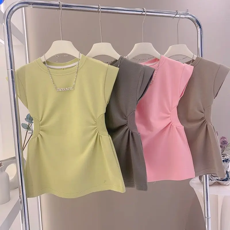 

Лето 2025 г., пуловер для девочек с круглым вырезом, модное однотонное платье с запахом на талии, легкое и дышащее универсальное платье без рукавов