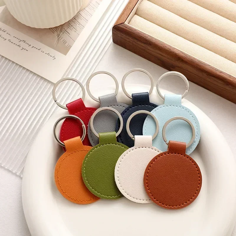 Custom Logo Circle Key Chain Holder Laser Engrave Name Round PU Leather Keychain Company Activity Hotel Number Keyring Gift