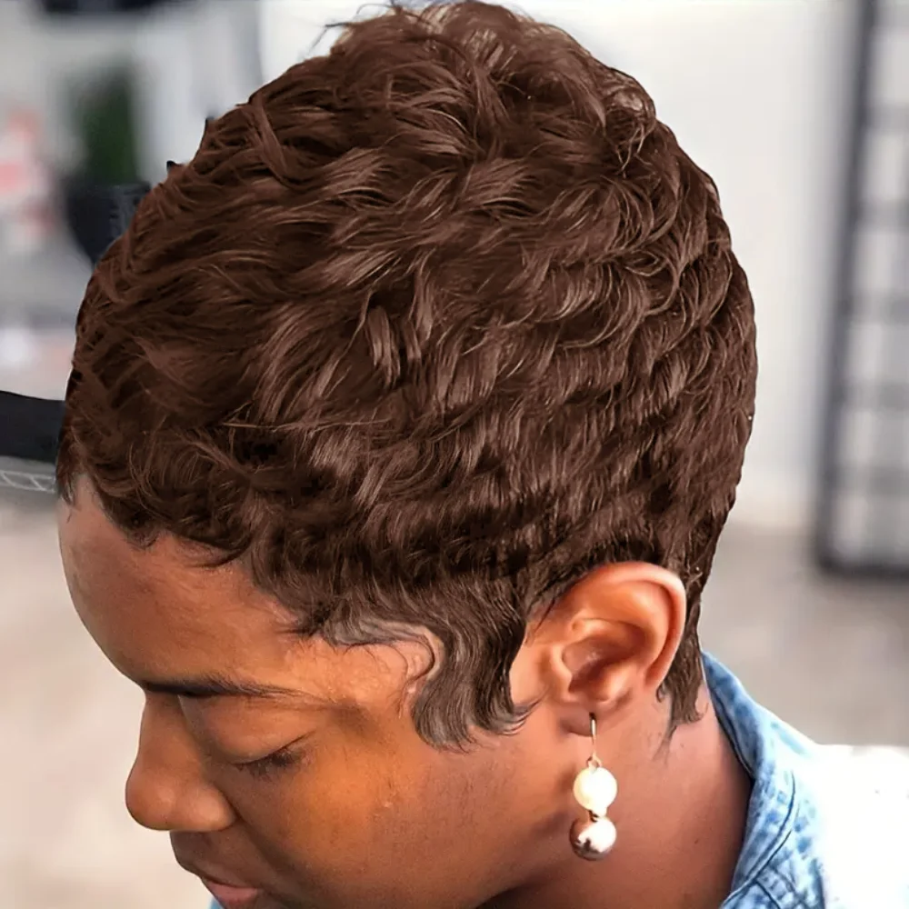 짧은 곱슬머리 여름 레이어드 인모 픽시컷 풀 머신 메이드 가발 (데일리용)