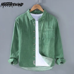 Japanese Fashion Denim Shirt Men Spring Autumn High Street Washed Heavy Jean Tops Casual Pure Cotton Green Shirts High Quality