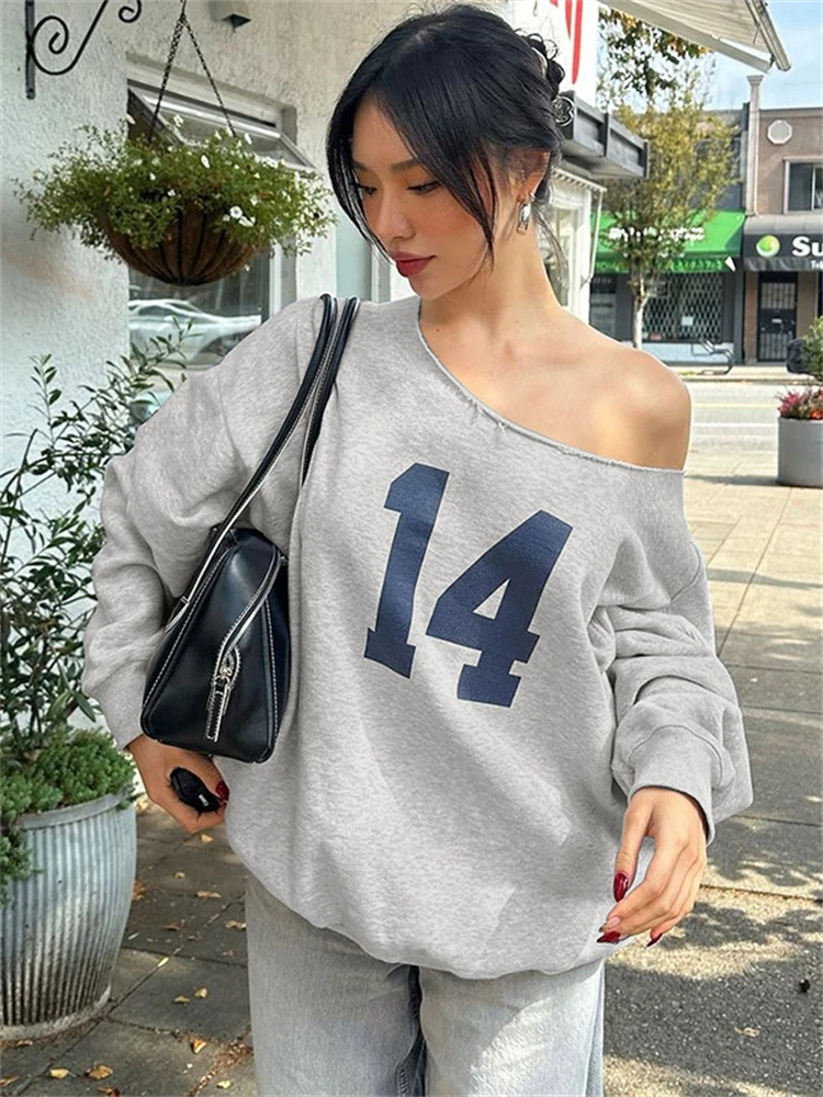 Absobe Letter Printed One Shoulder Loose Sweatshirt Women American Casual Hottie Long Sleeve Hoodie Autumn/Winter Streetwear