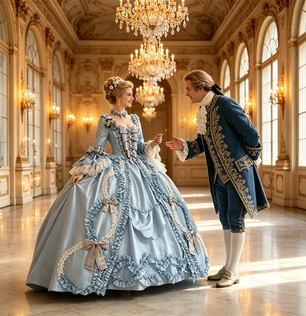 Robe bleue rococo du 18ème siècle, robe à la française, costume Marie Antoinette, costume de la reine Charlotte, robe de bal de la Cour française