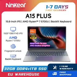 Ordinateur portable Ninkear A15 Plus, AMD Ryzen™Ordinateur portable 7 5700U, 15.6 pouces, FHD, IPS, 60Hz, 32 Go + 1 To, SSD, clavier rétro4.2, déverrouillage par empreintes digitales