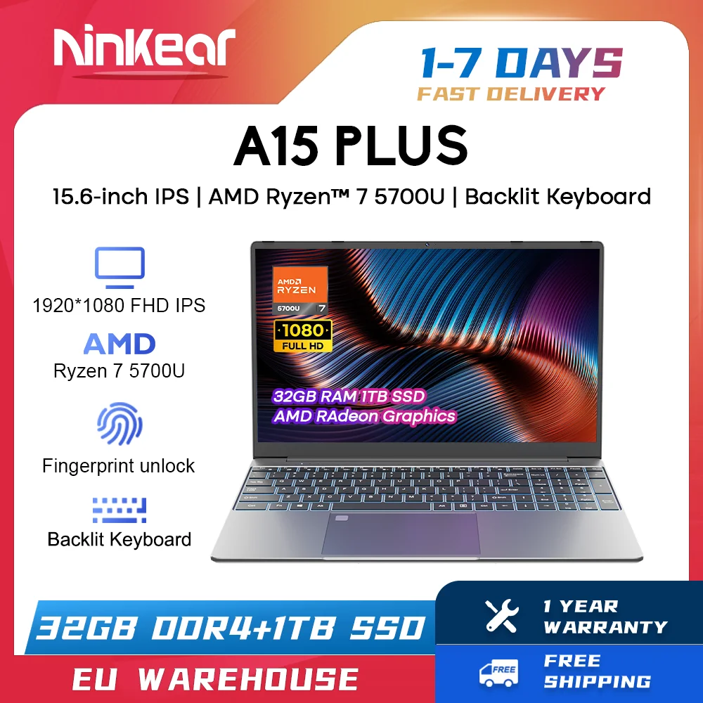 Ninkear Laptop A15 Plus AMD Ryzen™ 7 5700U 15.6-inch FHD IPS 60Hz 32GB + 1TB SSD Backlit Keyboard Fingerprint Unlock Notebook