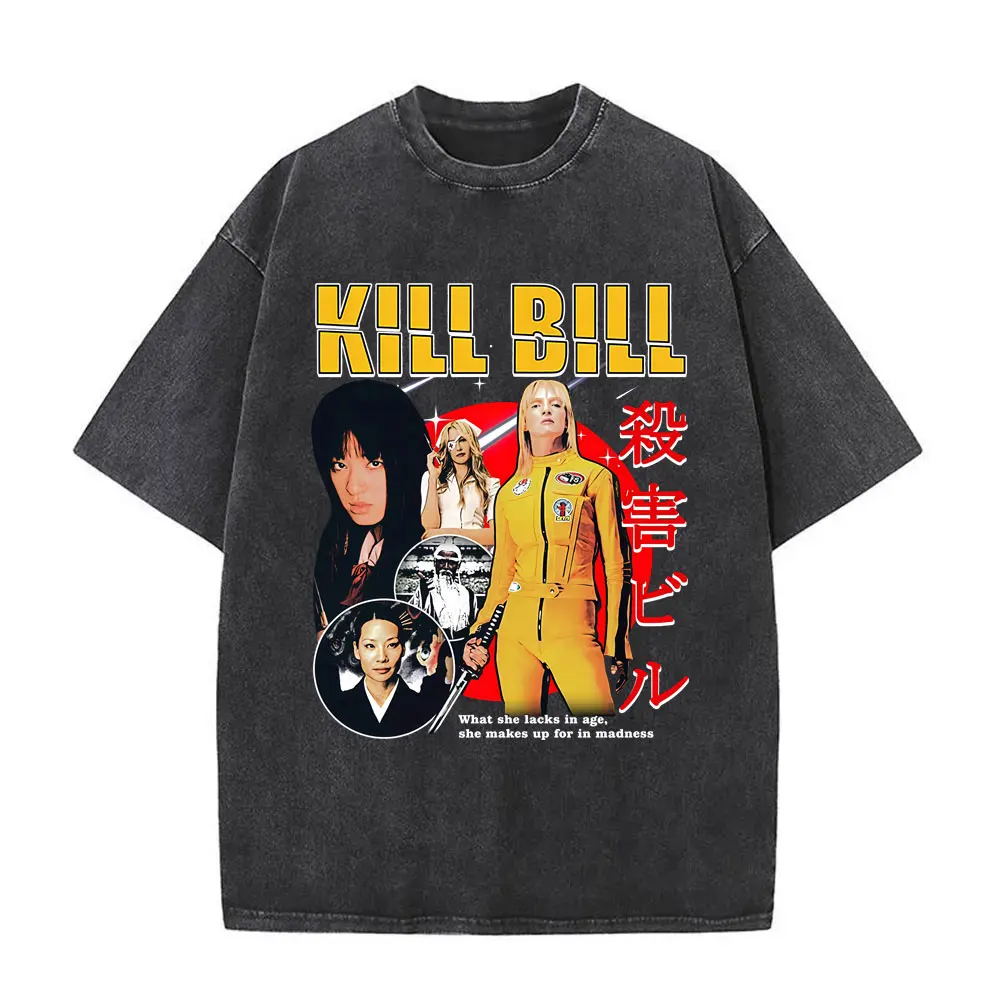 Kill Bill The Bride Movie Poster Washed Vintage T-shirt Uma Thurman Carradine Tarantino Graphic Tshirt Man Fashion Streetwear
