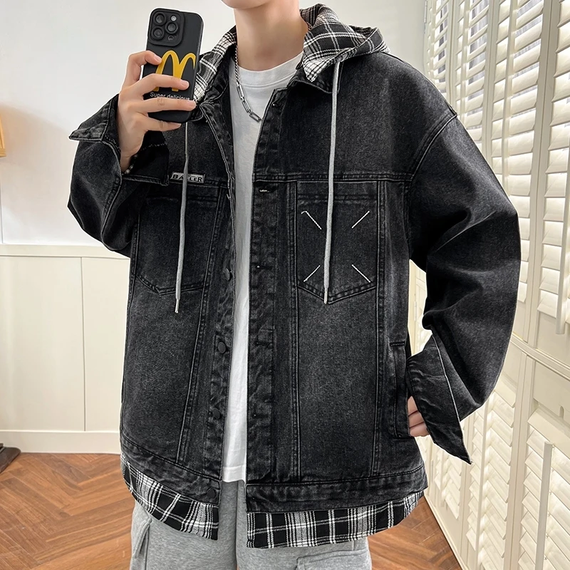 Hooded Denim Jacket Men Patchwork Fashion Jeans Hoodies Basic Coat Male Streetwear 2024 Spring Autumn Korean Style Cowboy