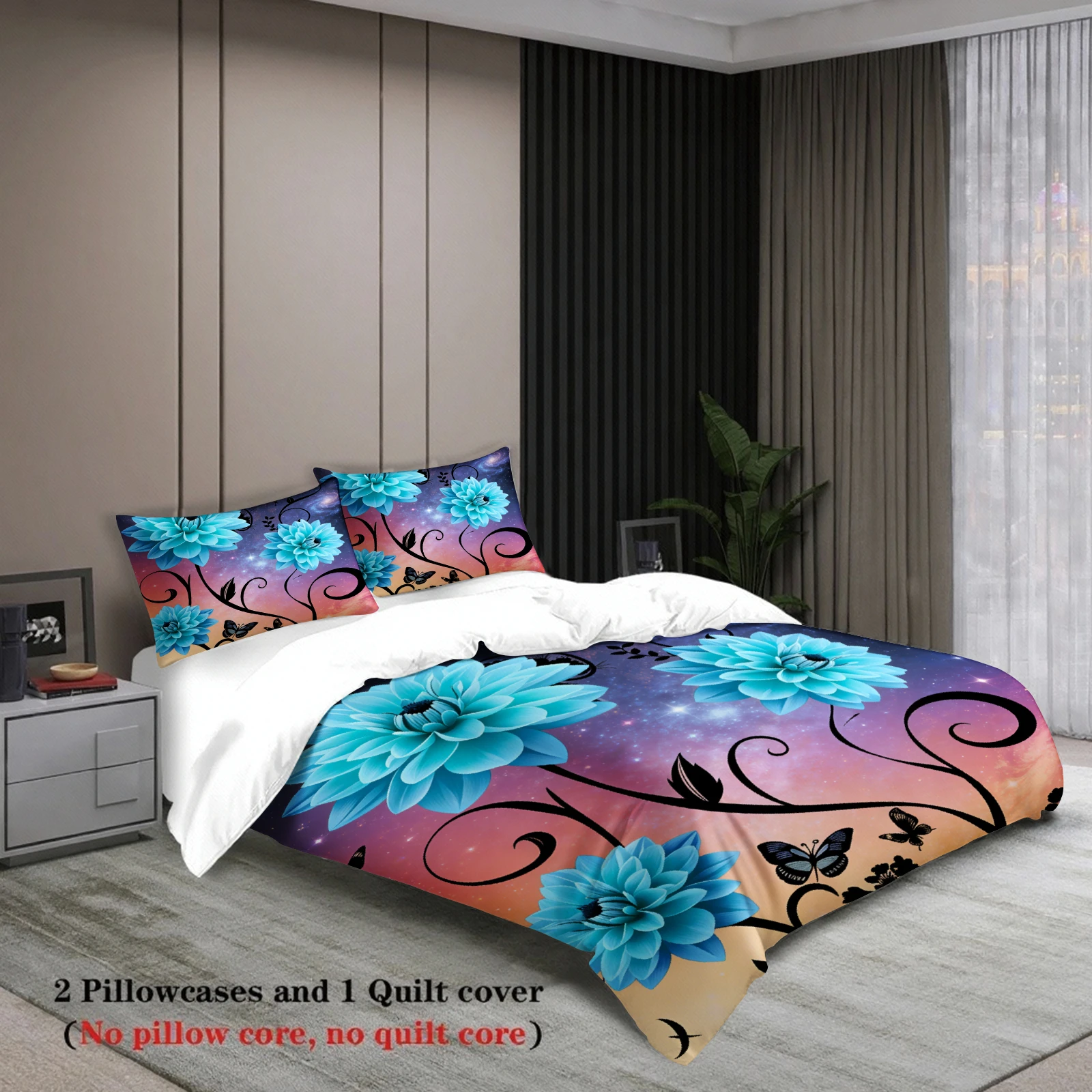Floral Bedding Set Set Blue Purple Pink Galaxy Flowers And Butterflies Print With Duvet Cover & Pillowcases For Bedroom Decor