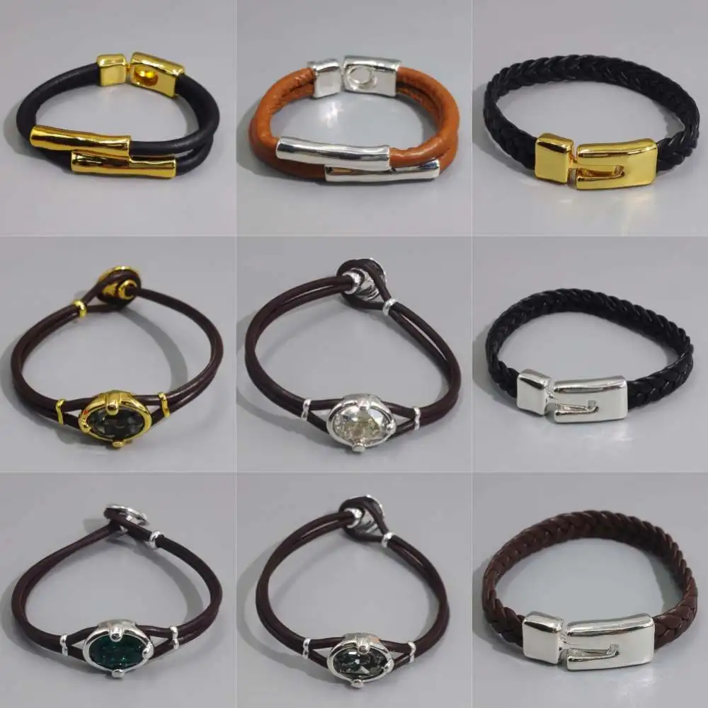Woven leather cord bracelet, oval cut crystal woven leather bracelet, minimalist and customizable women's jewelry