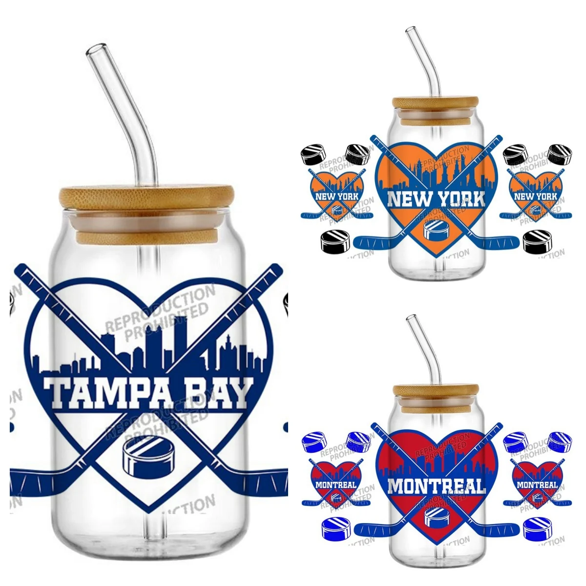 Hockey City Heart UV DTF Becherfolien-Aufkleber, Eishockey-Abziehbilder für 16oz Libbey Glasdosen, Wasserfeste DIY-Becher-Transferaufkleber
