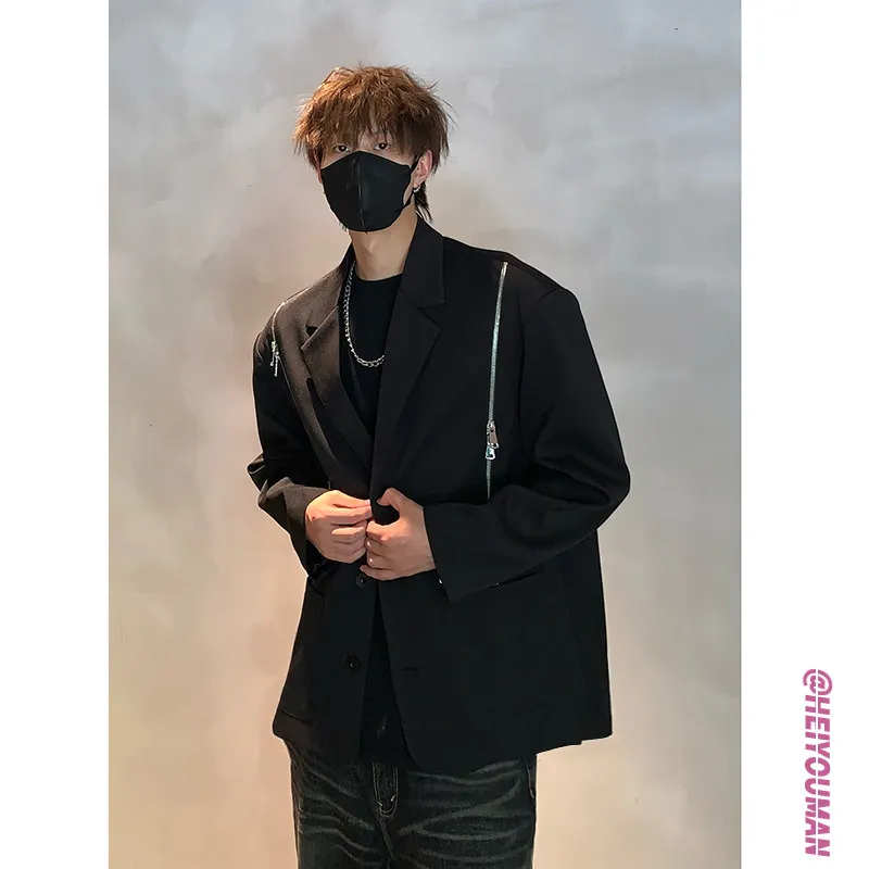 

Bla Metal Zipper Suit Jaet for Men Spring Autumn Cleanfit Haome High End Sensation Casual Western Wear Polyester Fabric