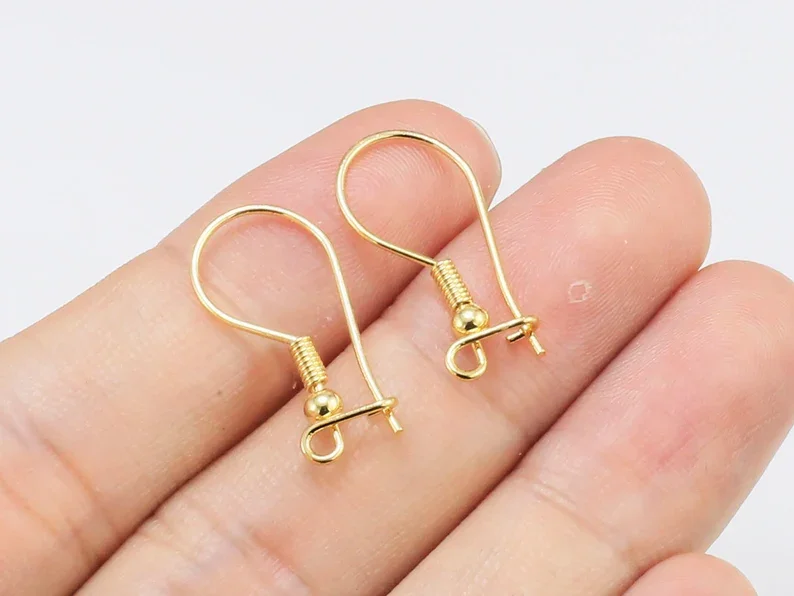 10pcs French Ear Wires, Spring Ball Earring Hoops, 22x11mm, Brass Earring Wire, Real Gold Plated, DIY Jewelry Making GH193