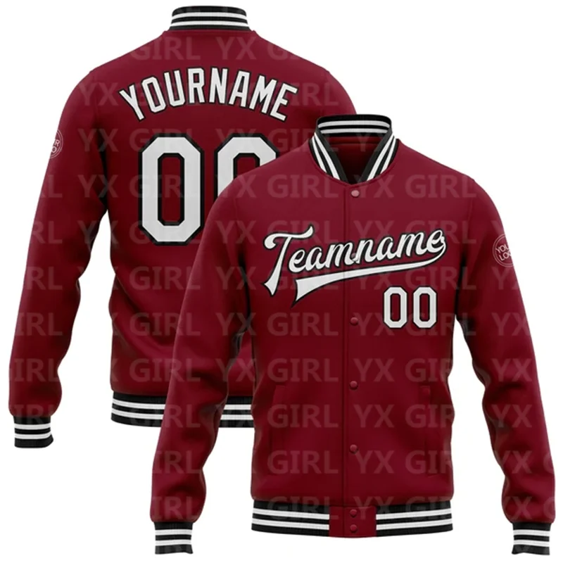 

Custom Crimson White-Black Bomber Full-Snap Varsity Letterman Jacket Baseball Button Jacket