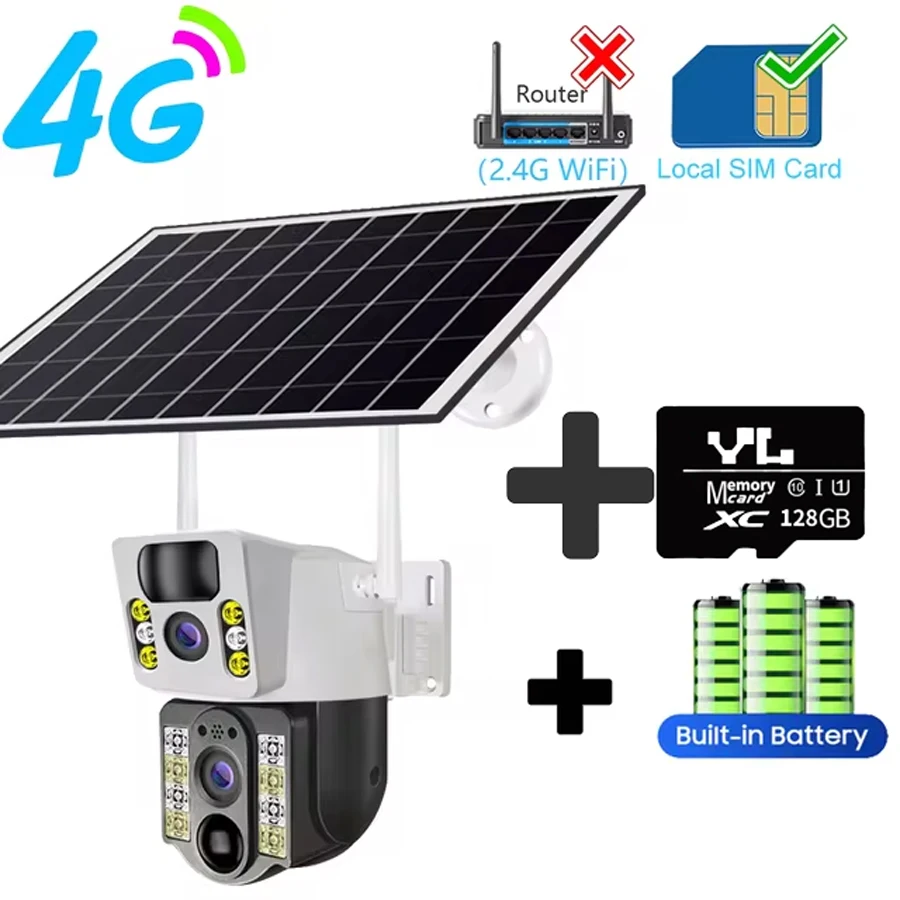 جديد! 4K كاميرا تعمل بالطاقة الشمسية 4G بطاقة SIM عدسة مزدوجة 8MP HD للرؤية الليلية IP CCTV مراقبة PTZ PIR إنذار كشف الإنسان مقاوم للماء