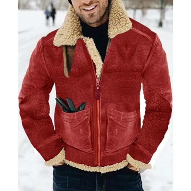 Men\'s Pocket Plush Warm Coat Autumn Winter New Leather and Fur Coat Men\'s Fashion Long Sleeve Zipper Turn-down Collar Coat