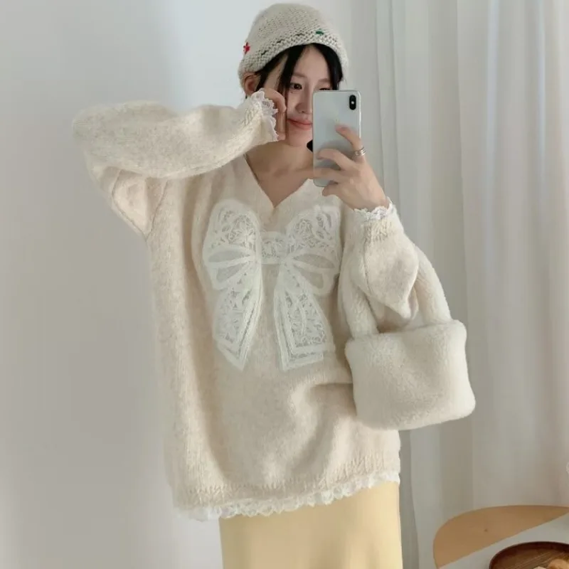 Loce Sweater wanita musim gugur musim dingin, pakaian luar gaya malas Korea, pullover rajut, leher V longgar, pakaian musim gugur dan musim dingin 2025