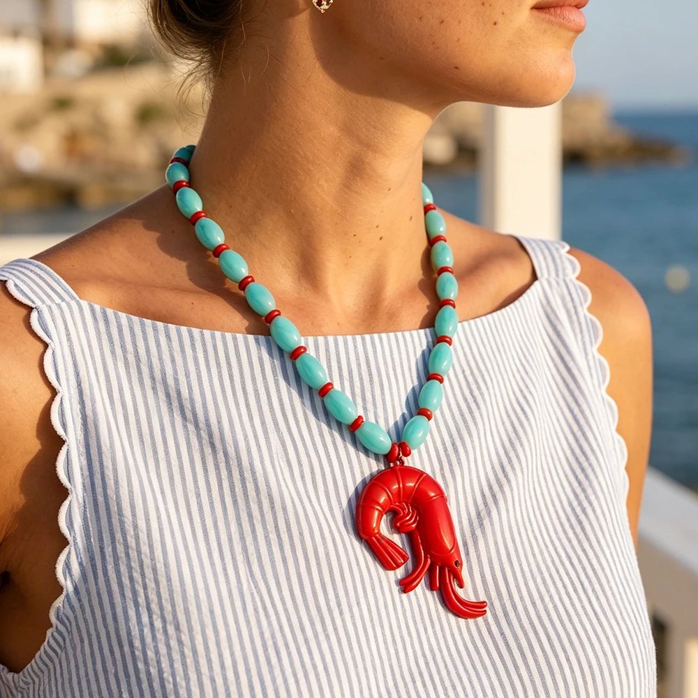 2026 Persönlichkeitsdesign Harz-Perlenketten mit Hummer-Anhänger Halskette für Damen Sommer Strand Party Schmuck Halsaccessoires – Detail 3