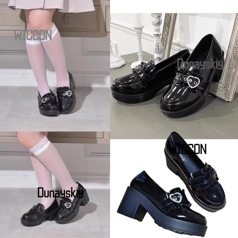 

Jirai Kei, японские женские ботинки с пряжкой в форме сердца для девочек, черно-белые кожаные туфли на высоком каблуке, каваи, подарки для вечеринок