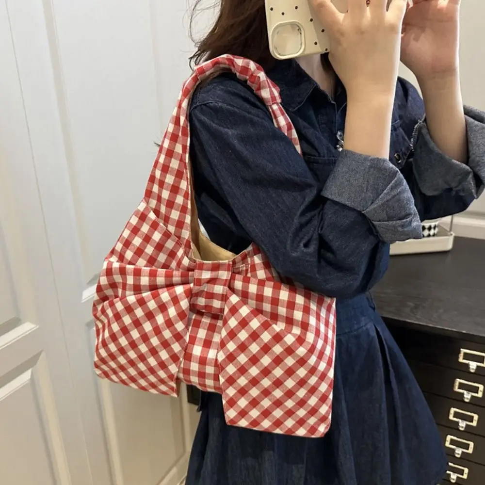 Lightweight Korean Style Bow Shoulder Bag Bowknot Fashion Plaid Tote Bag Cute Printing Canvas Vest Bag Women