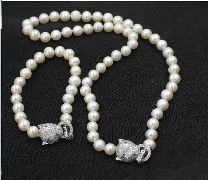 Zircon Leopard head clasp accessory 8-9mm white freshwater pearl necklace 40/42/45/60/85cm bracelet 20CM set for women jewelry