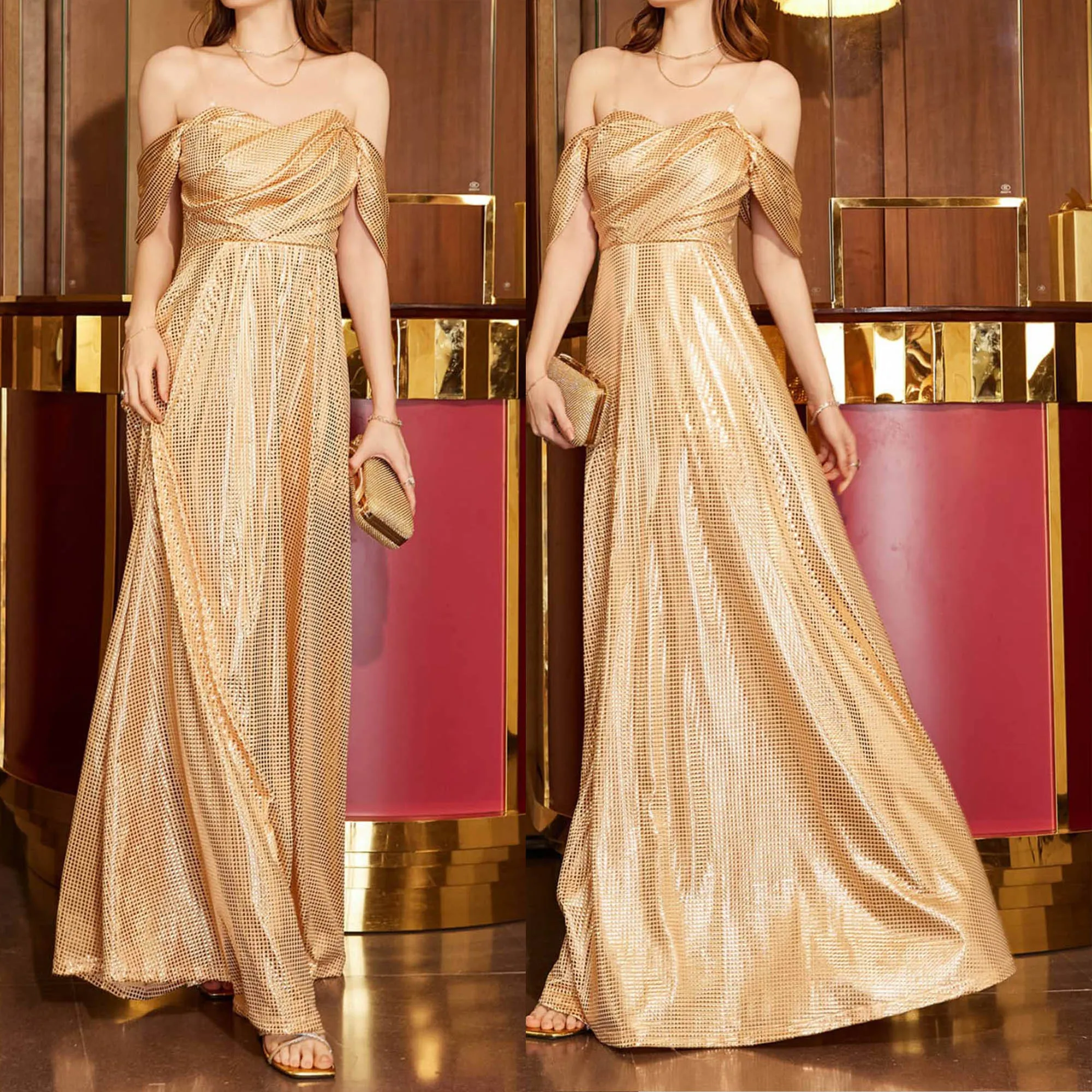 Women's sexy, elegant, fashionable off shoulder long evening dress with slit and floor sequins, high-end celebrity banquet dress