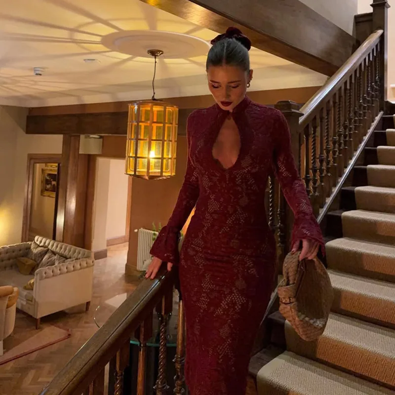 

Sexy Lace Hollow Out Women Dress Long Flare Sleeve Slim Fit Elegant Split Dresses 2025 Spring New Party Birthday Ladies Vestidos
