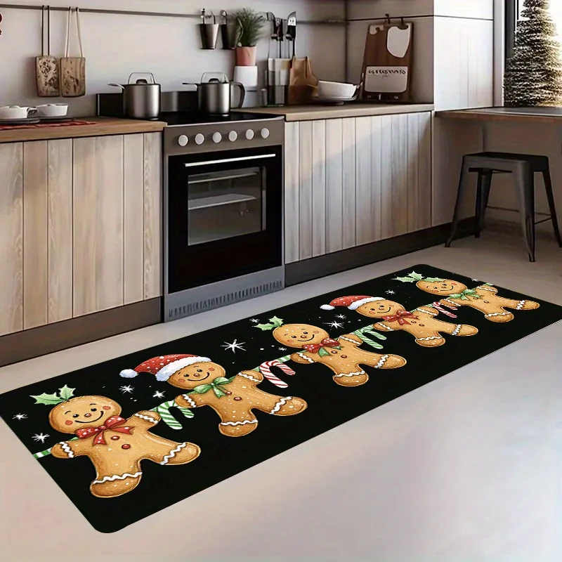 Alfombra de pasillo navideña con diseño de hombre de jengibre negro y bastón de caramelo, para mesita de noche, lavadero, pasillo, junto al sofá, cocina o como tapete de puerta.