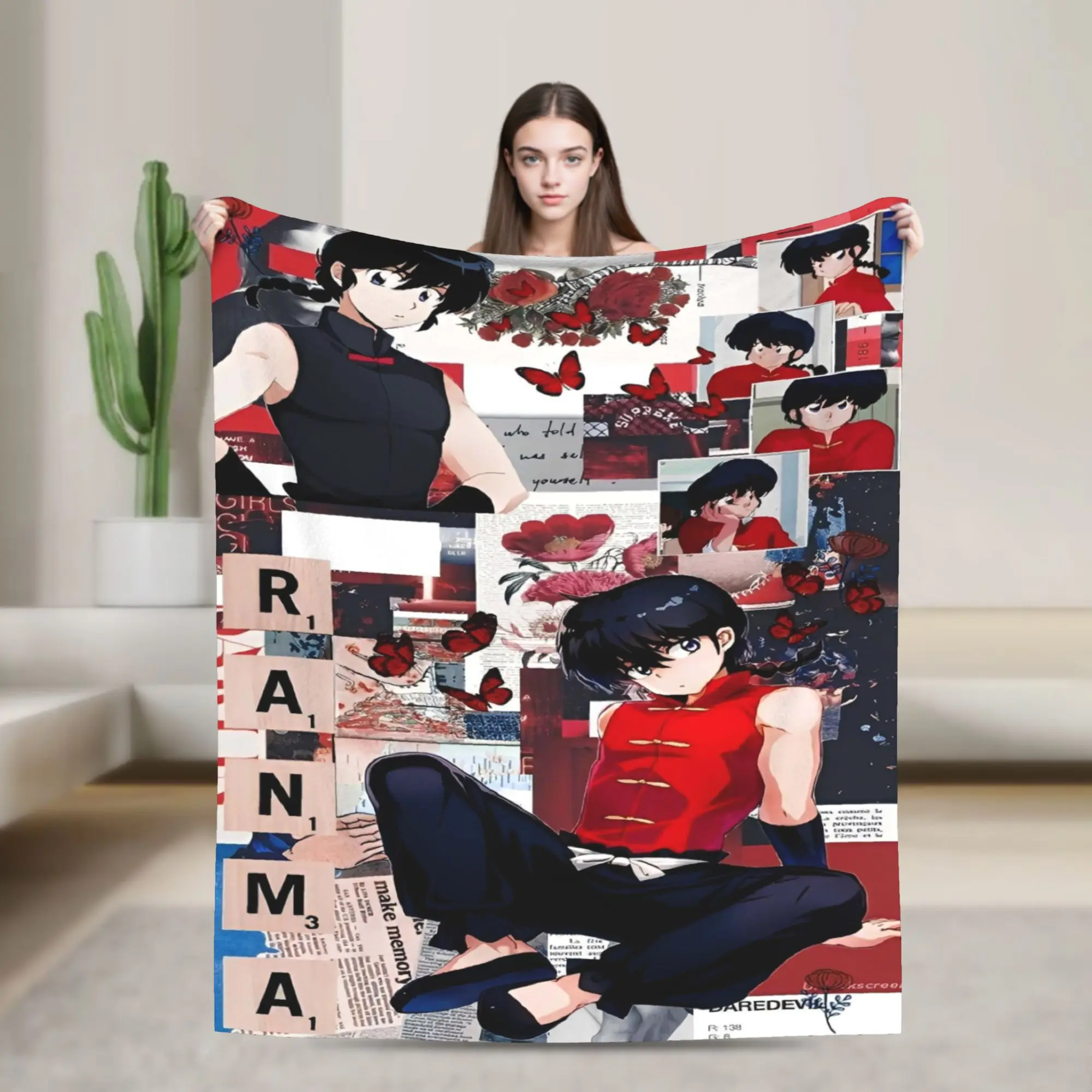 Ranma Saotom Anime Knitted Blankets Coral Fleece Plush  Super Warm Throw Blankets for Bedroom Sofa Bed Rug