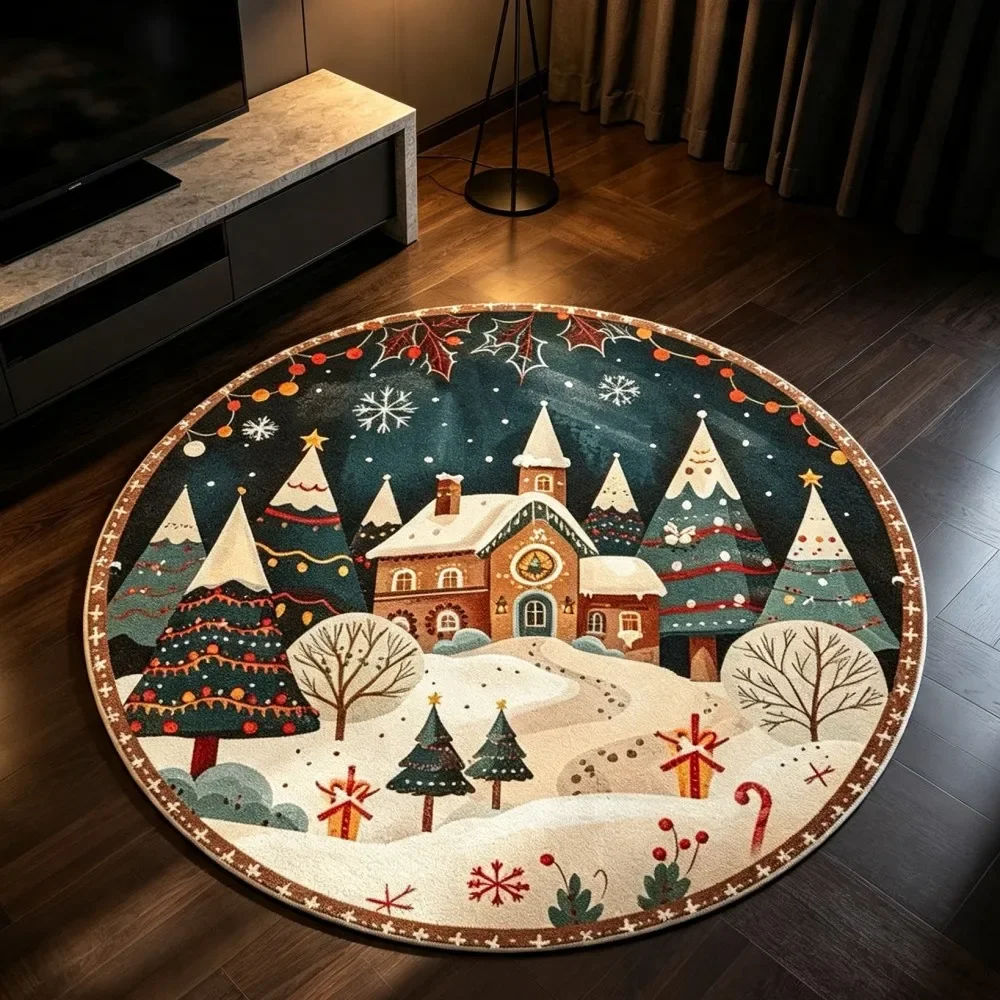 Christmas Round Area Rug Red White Poinsettia Floral Holiday Green Leaf Floor Mat Carpet for Living Room Bedroom Decor