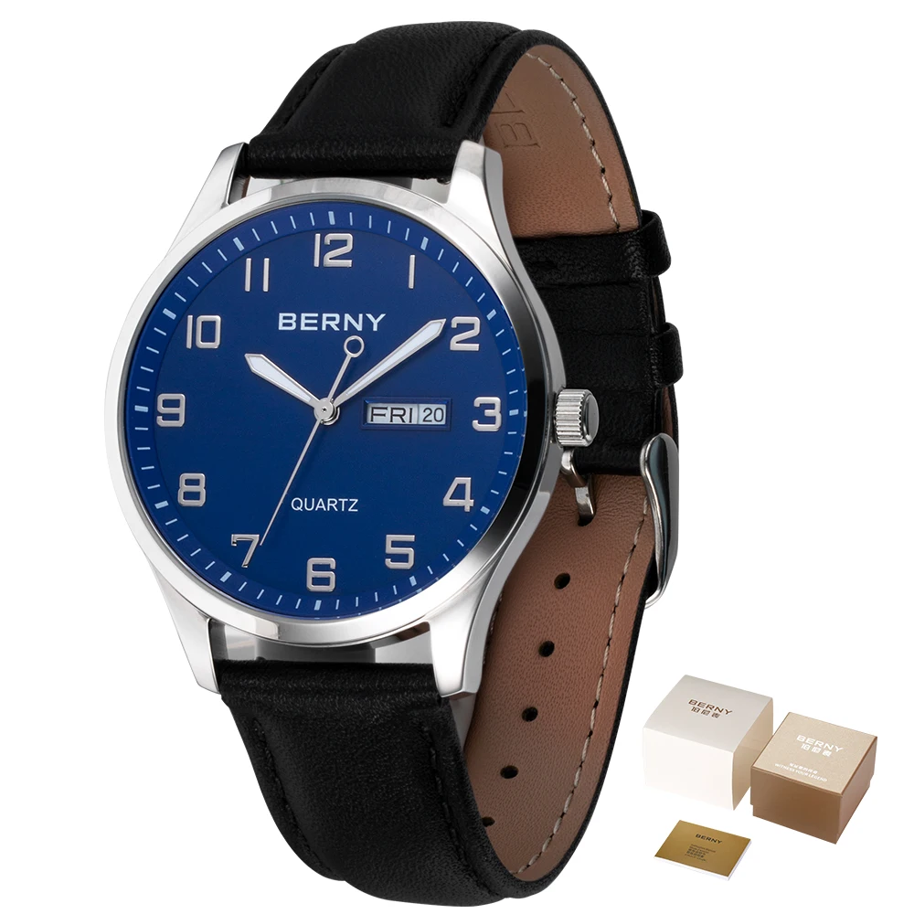 BERNY Quarz-Herrenuhr Miyota 2105 Top Day&Calendar Echtleder Klassisch 3ATM Wasserdicht Herren-Armbanduhr für Business-Männer