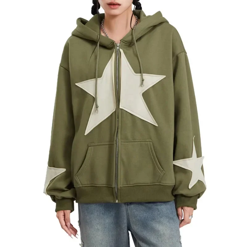 Five Pointed Star Patch Fabric Zipper Hooded Sweater Women American Y2k Original Loose Casual Autumn Winter Cardigan Jacket Top