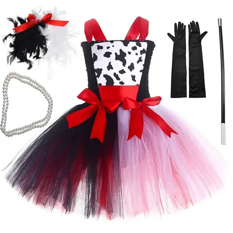 Girls Cruella Deville Costume Kids 101 Dalmatians Tutu Dress for Girls Halloween Party Black White Devil Witch Dress Up Clothes