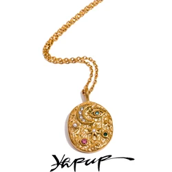 Yhpup Moon Star Eye Oval Stainless Steel Gold Color Mysterious Necklace Fashion Zircon Vintage Jewelry Women Rust Proof Gift