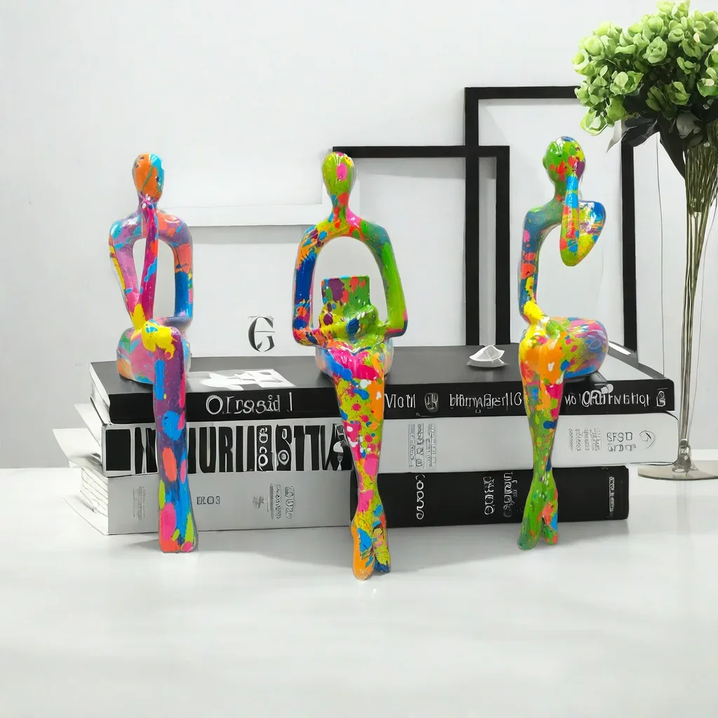 3pcs Resin Hollow Human Figurine Statue Creative Colorful Graffiti Abstract Thinker Sculpture Ornament Home Office Decor