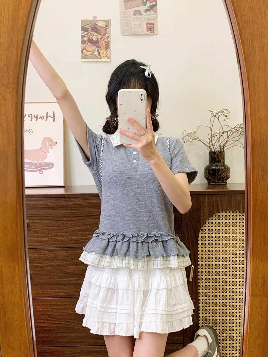 Cute Girl Plaid Ruffle Splice Fake Two-Piece  Shirt Short Sleeve Women's Design College Style Top Cotton Pure Sweat Absor...
