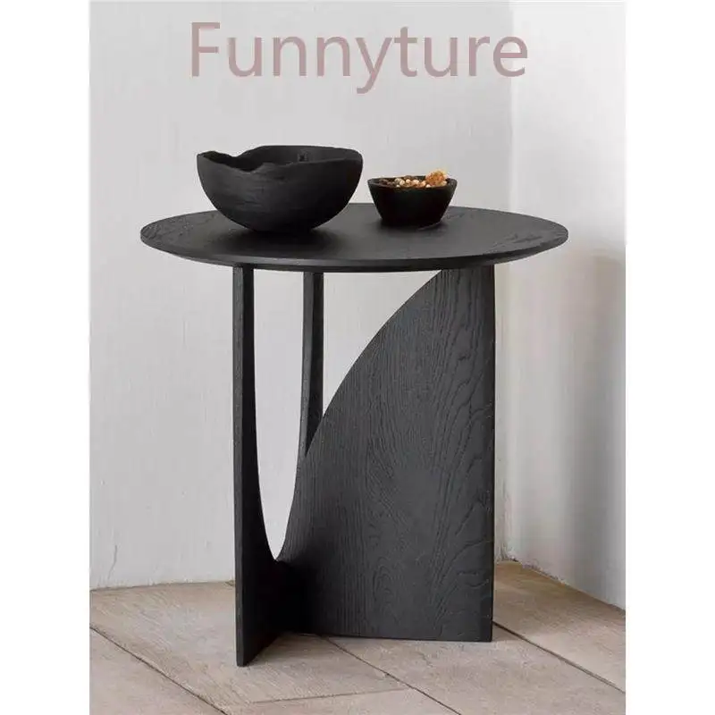 Nordic round solid wood edge, geometric designer corner, black simple coffee table, sofa side table, bedroom bedside table