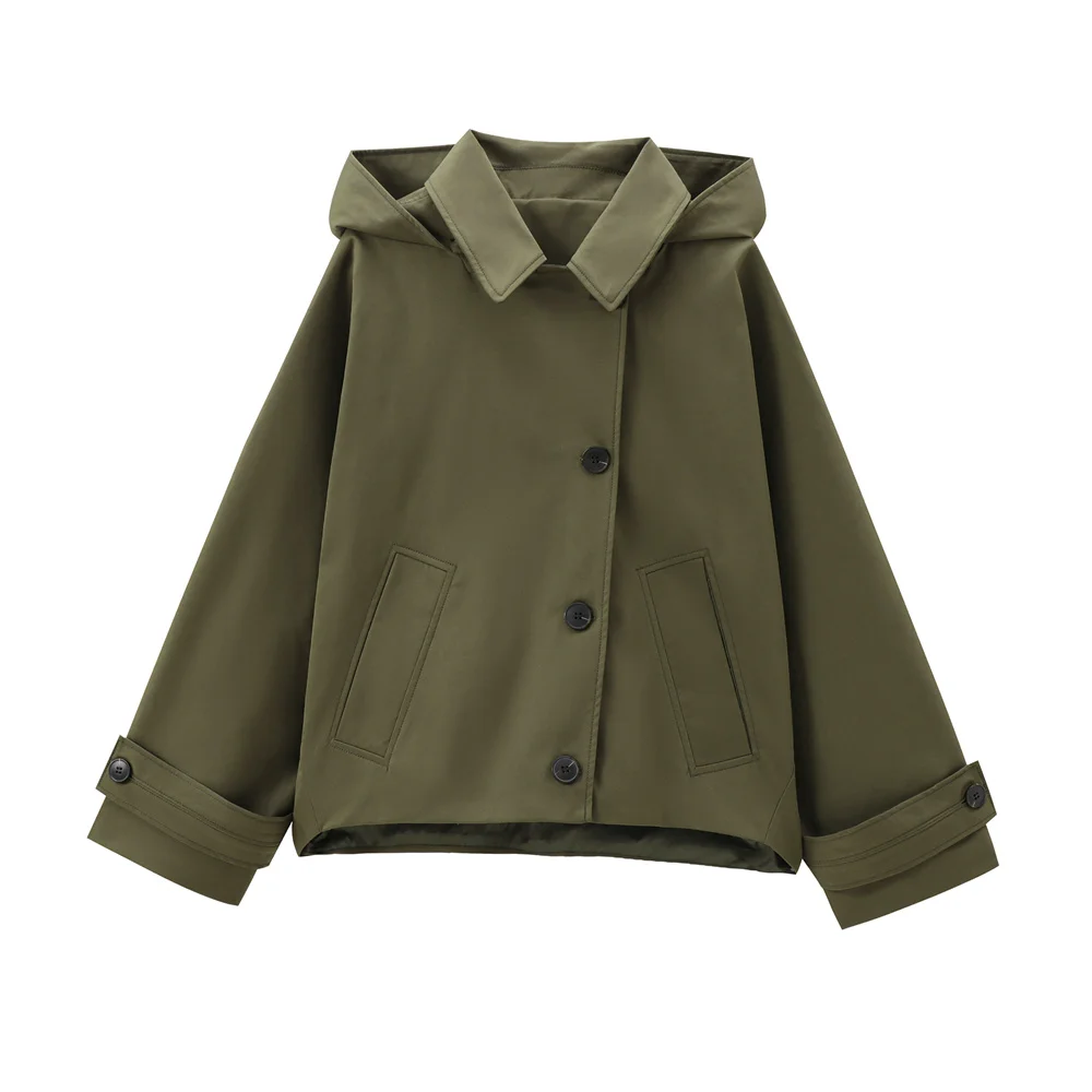 Autumn New European and American Style Hooded Long Sleeved Lapel Jacket Single Breasted Trench Coat Short Jacket