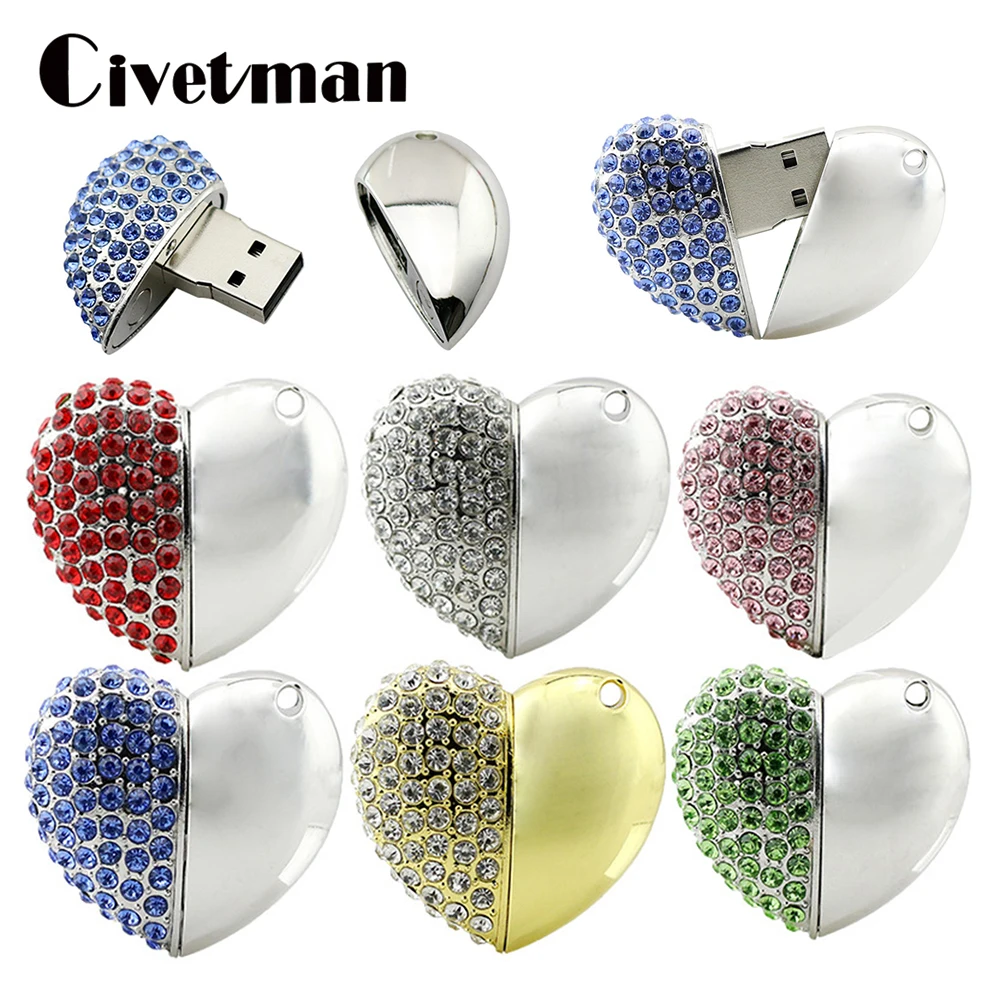 256GB Pendrive Crystal Heart USB Flash Drive Necklace Pendant 16GB32GB64GB128GB Jewelry Heart Cle Usb Stick Storage Device Gift